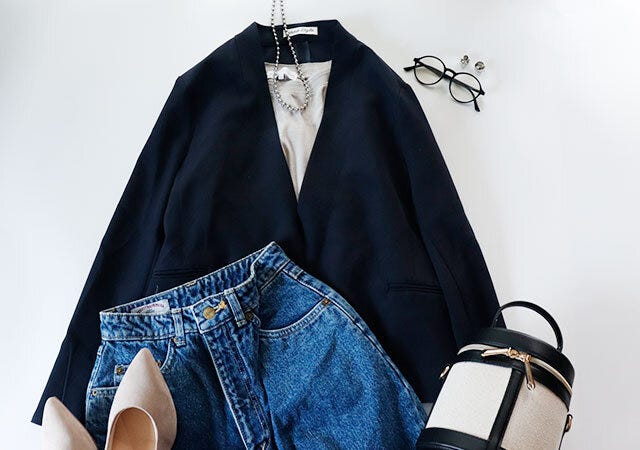 しまむら ノーカラージャケット スウェット デニム コーデ しまむら ノーカラージャケット スウェット デニム コーデ