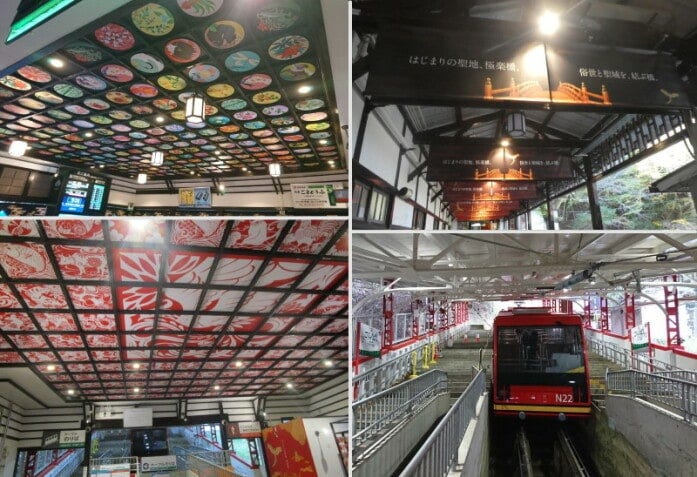 極楽橋駅での電車からケーブルカーへの乗り換え。天上絵にも要注目!