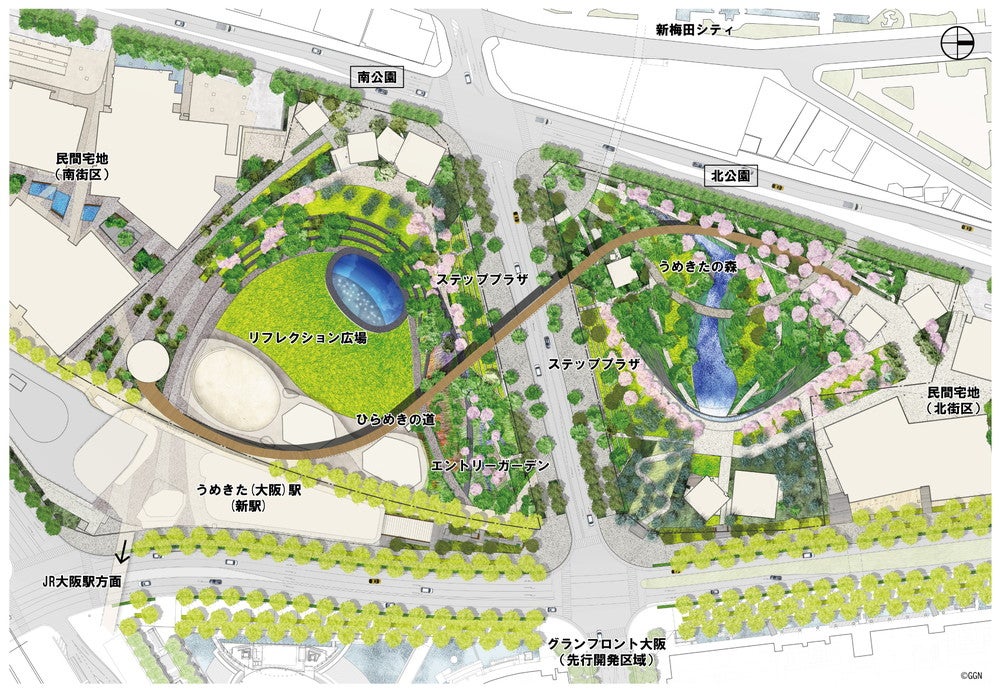 JR大阪駅前「うめきた公園」2024年開園へ、桜や紅葉も色づく都市