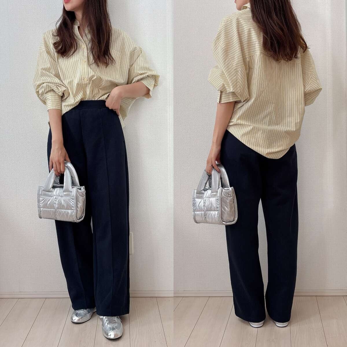 ユニクロ　スウェットストレートパンツ　イエローストライプシャツコーデ