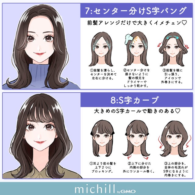 垢抜け　巻き髪　今っぽ見え　8style　あおいみのこ　イラスト　センター分けS字バング　S字カーブ
