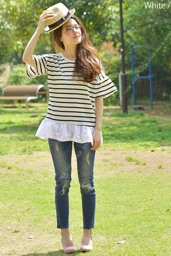 可愛く体型カバーできるレイヤード風切替フレアトップス「coca」1,880円(税込)