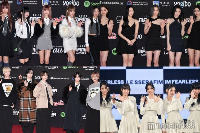 (左上から時計回り)NewJeans、ITZY、LE SSERAFIM、TOMORROW X TOGETHER(C)モデルプレス