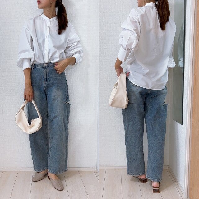 GU　パールボタンブラウス　ホワイト　デニム　きれいめ　コーデ