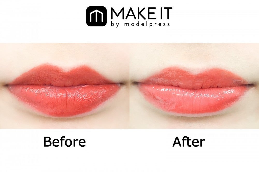 「ちふれ 口紅（詰替用）／473」に「ちふれ リップジェル／001」を重ね塗り (C)メイクイット