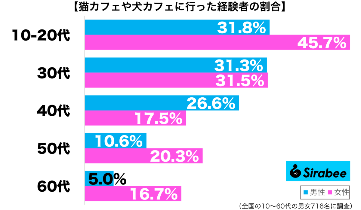 カフェや犬カフェに行ったことがある性年代別グラフ