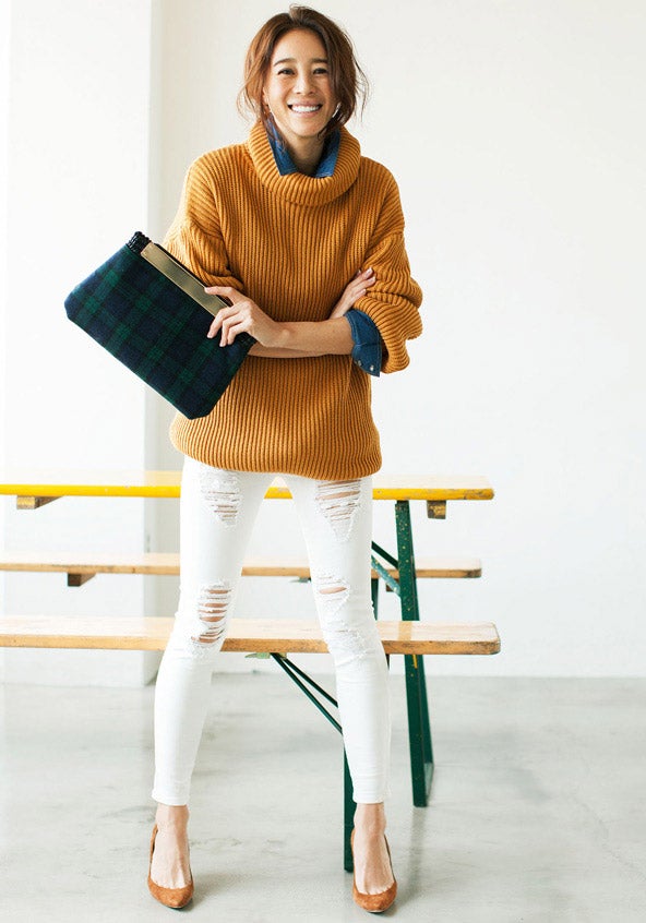 畦ニットボリュームチュニック+ハードブロークン　カラースキニーパンツ「STYLEST」7,280円（税別）／画像提供：STYLEST