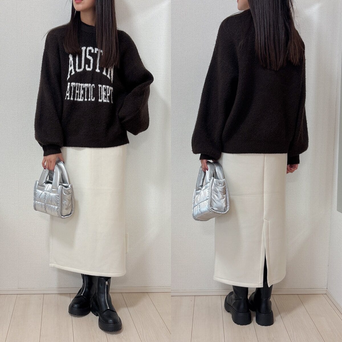 GUパフスウェットナロースカートとロゴニットコーデ