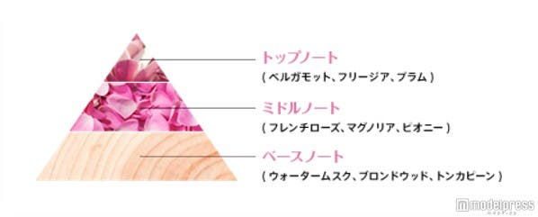 トップノート、ミドルノート、ベースノートと3段階で深みのある香りが楽しめる(イメージ)
