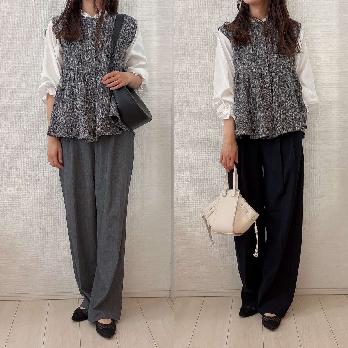 ユニクロGUタックワイドパンツ比較　ツイードジレ