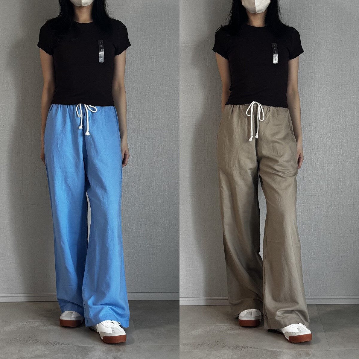 黒Tシャツとブルー・ベージュパンツを履いた女性の全身正面