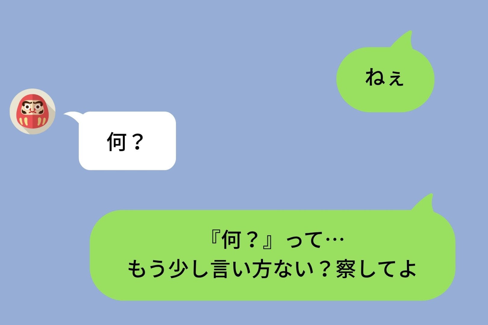「ねぇ」ひとことに5分待たされて「何？」だけの返信。「察してよ」と返した私の本音