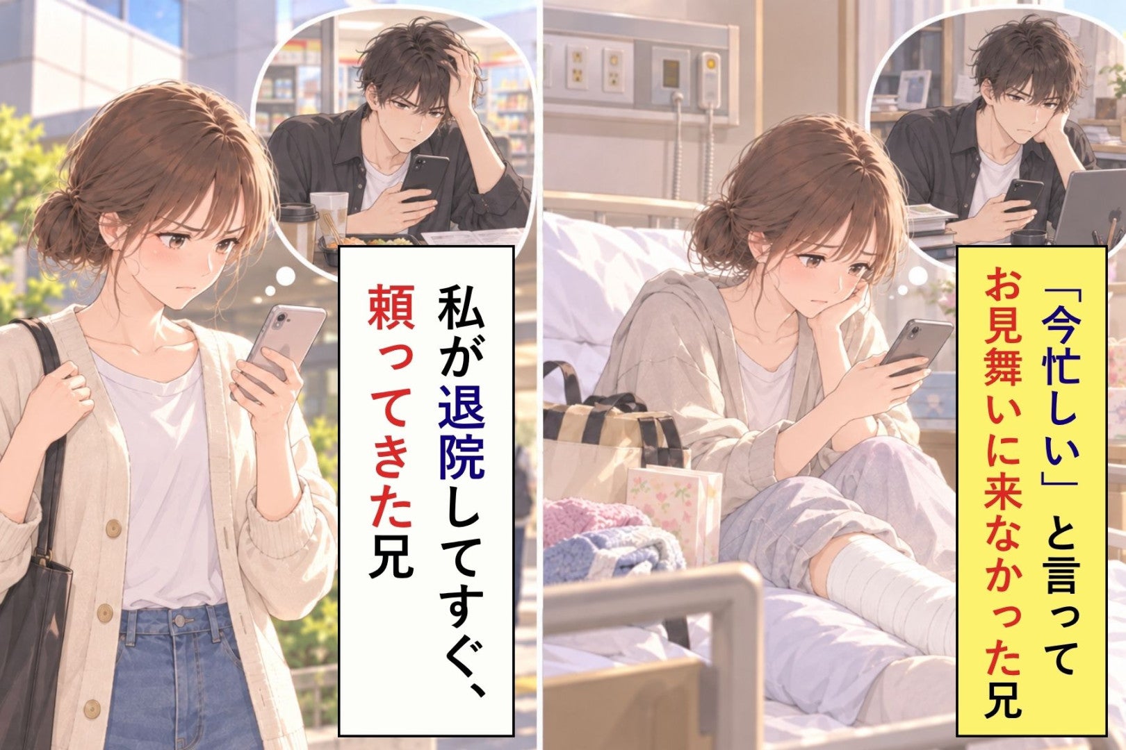 「お見舞い行ってあげたら？」に「今忙しい」と返した兄から、退院後に届いた頼み事２通→私が返した一言