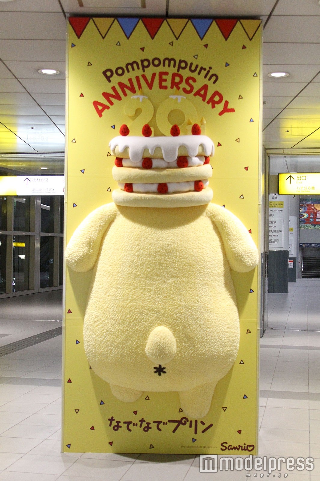 バースデーケーキを頭にのせたポムポムプリン／画像提供：ポムポムプリン20周年PR事務局
