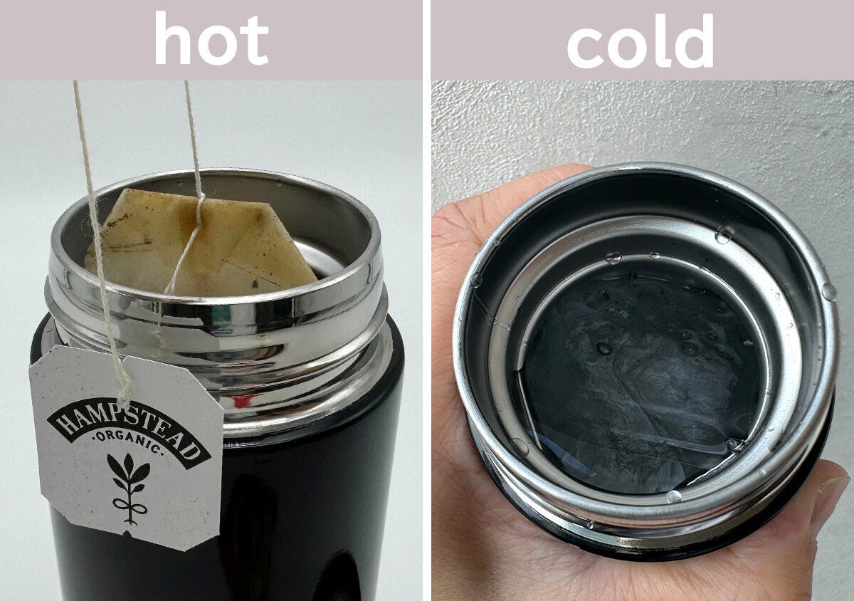 ホット用ティーバッグとコールド用氷水が入ったボトル