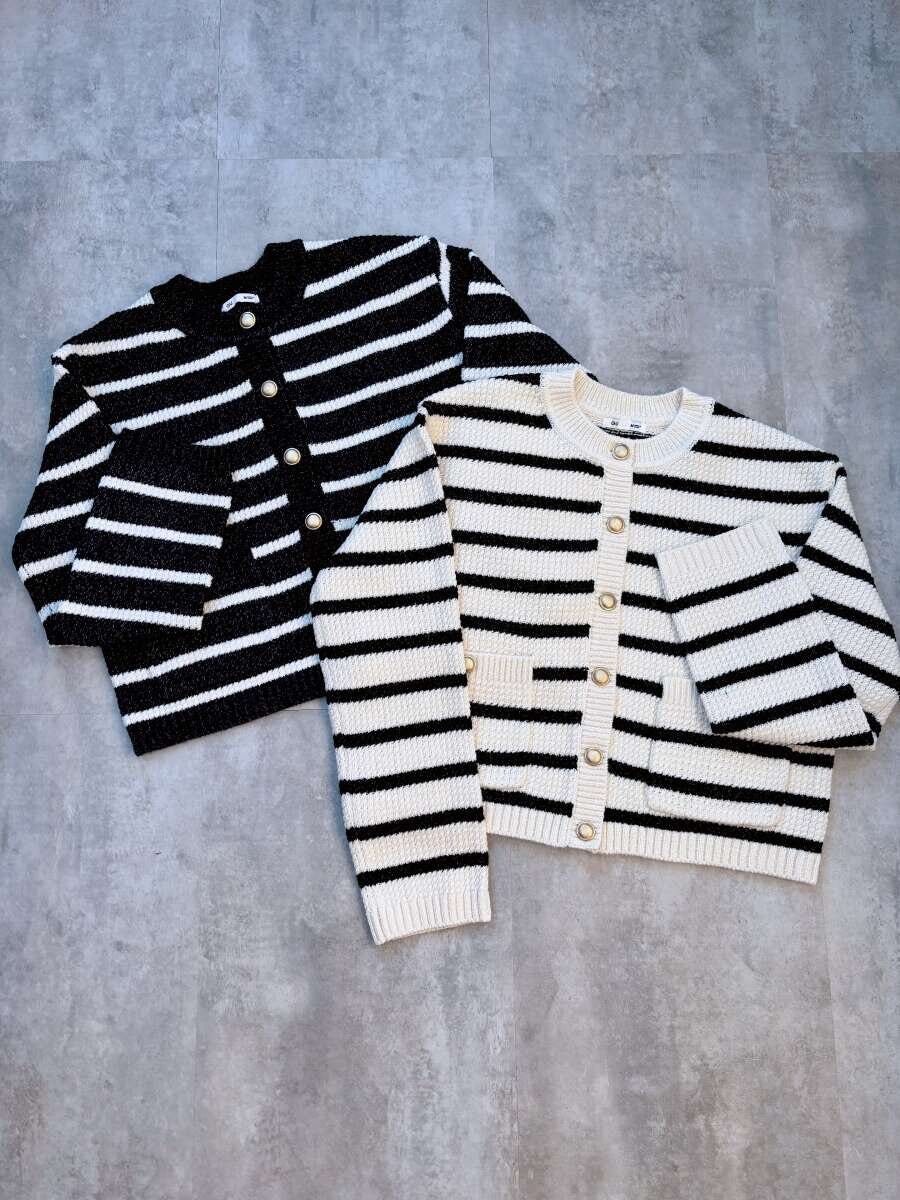 GUツイーディーニットボーダーカーディガン　ナチュラルとネイビー