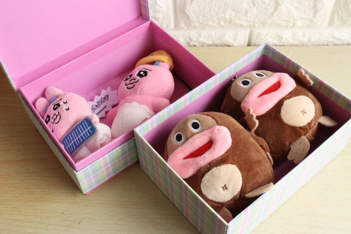 2段ギフトボックスにピンクと茶色のマスコットを収納 2段ギフトボックスにピンクと茶色のマスコットを収納