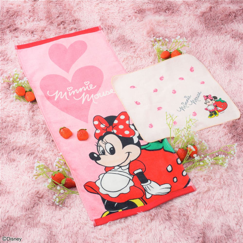 ミニーマウス Strawberry Festa プレミアムタオルギフトセット(ハンドタオル:全長約34×0.5×34cm/フェイスタオル:全長約34×0.5×85cm/パッケージ:全長約25×19×4cm)