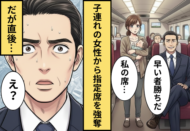 私の指定席を奪い「早いもの勝ち」と主張する迷惑男。しかし次の瞬間「君は…」現れた【人物】に震えだしたワケ