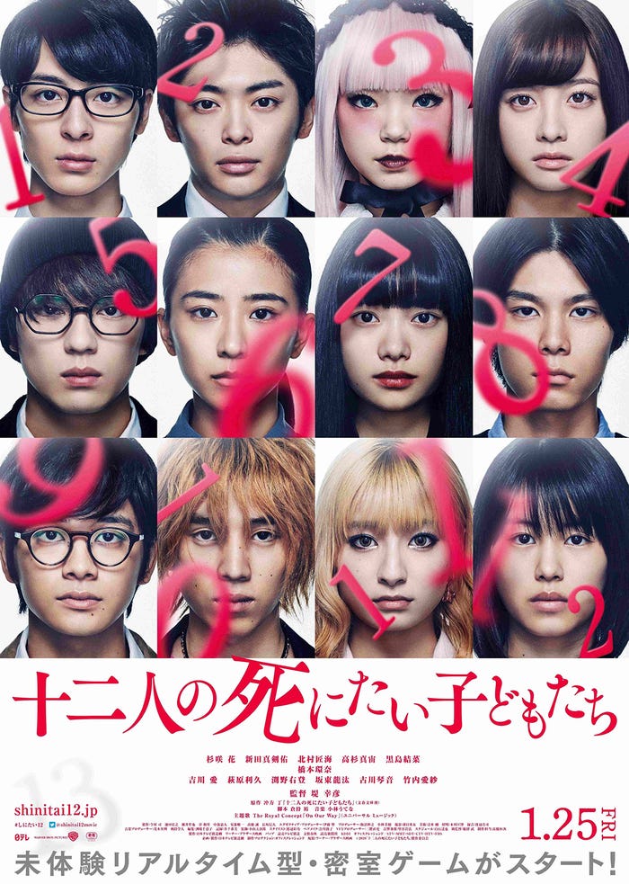 (上段左から)高杉真宙、渕野右登、古川琴音、橋本環奈(中段左から)新田真剣佑、黒島結菜、杉咲花、萩原利久(下段左から)北村匠海、坂東龍汰、吉川愛、竹内愛紗(C)2019「十二人の死にたい子どもたち」製作委員会