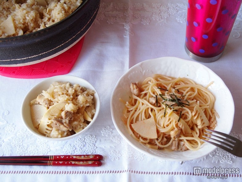 たけのこを使った着せ替えレシピ「土鍋でたけのこごはん→たけのこと明太子のスパゲッティー」
