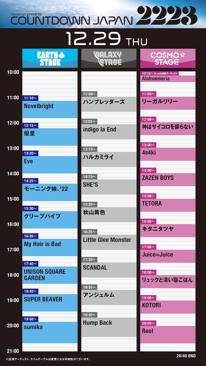 「COUNTDOWN JAPAN 22/23」12月29日タイムテーブル(提供写真)