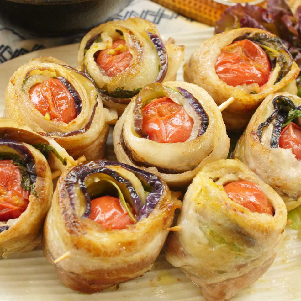 プチっとジューシー！豚バラなすの肉巻きミニトマト