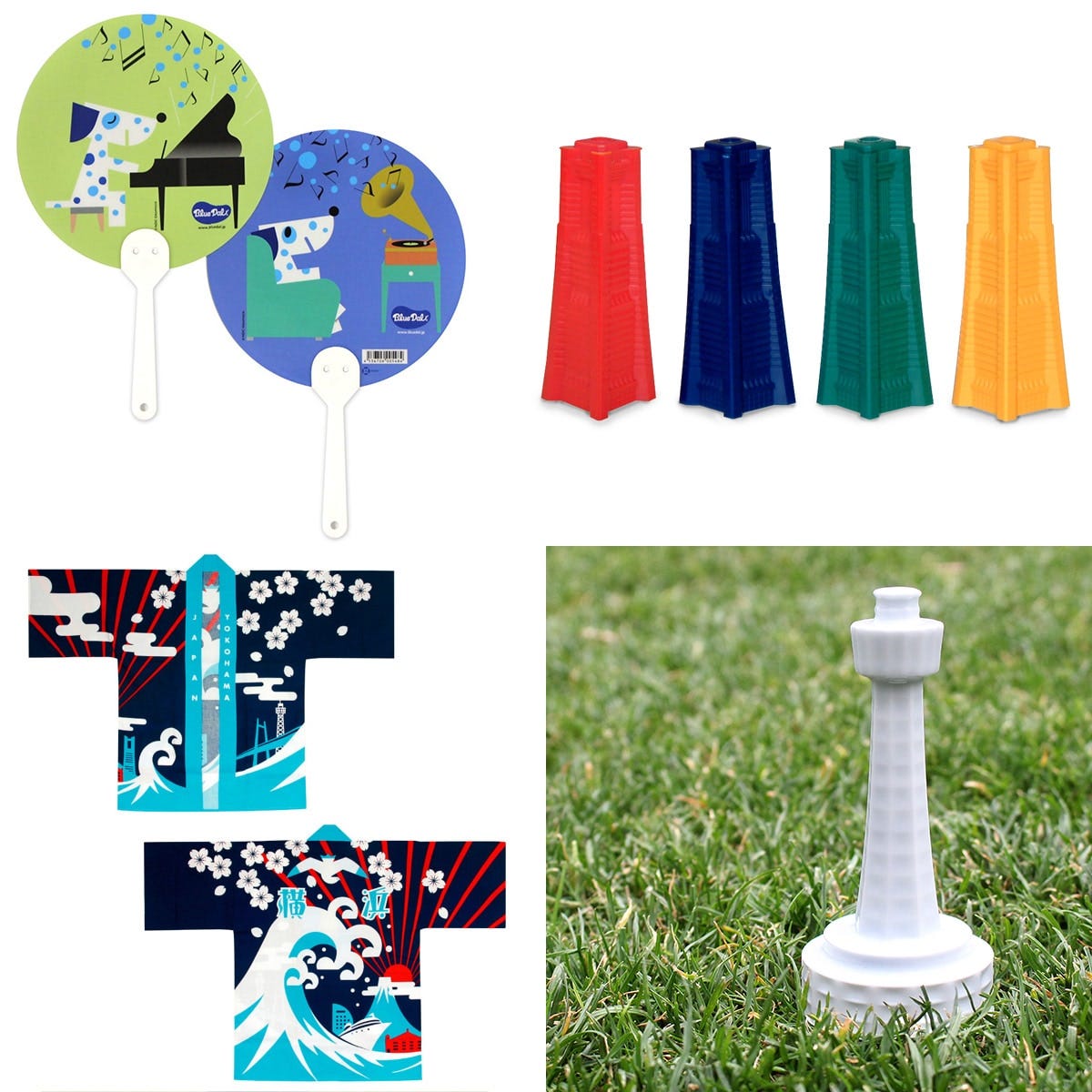 「ブルーダル」のうちわなど横浜テレビの報道フロアに登場した「メイドインヨコハマ」グッズ(提供画像)