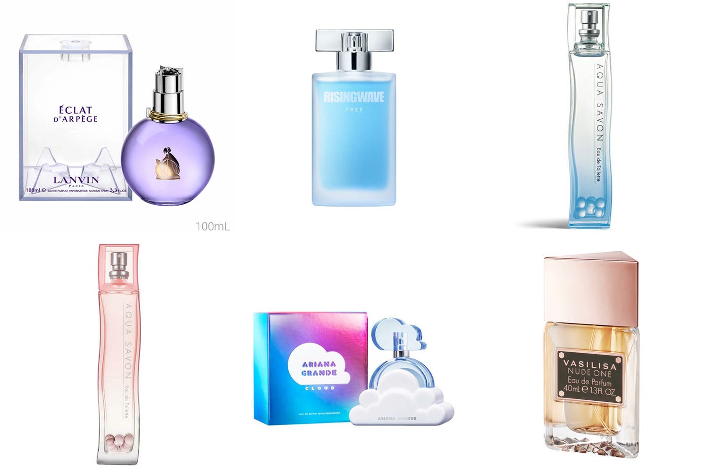 (左上から)【ランバン】エクラ ドゥ アルページュ オードパルファム、【ライジングウェーブ】フリー ライトブルー オードトワレ、【アクア シャボン】ウォータリーシャンプーの香り オードトワレ(左下から)【アクア シャボン】サクラフローラルの香り オードトワレ、【アリアナ・グランデ 】クラウド バイ アリアナ・グランデ オードパルファム、【ヴァシリーサ】ヌードワン オードパルファム