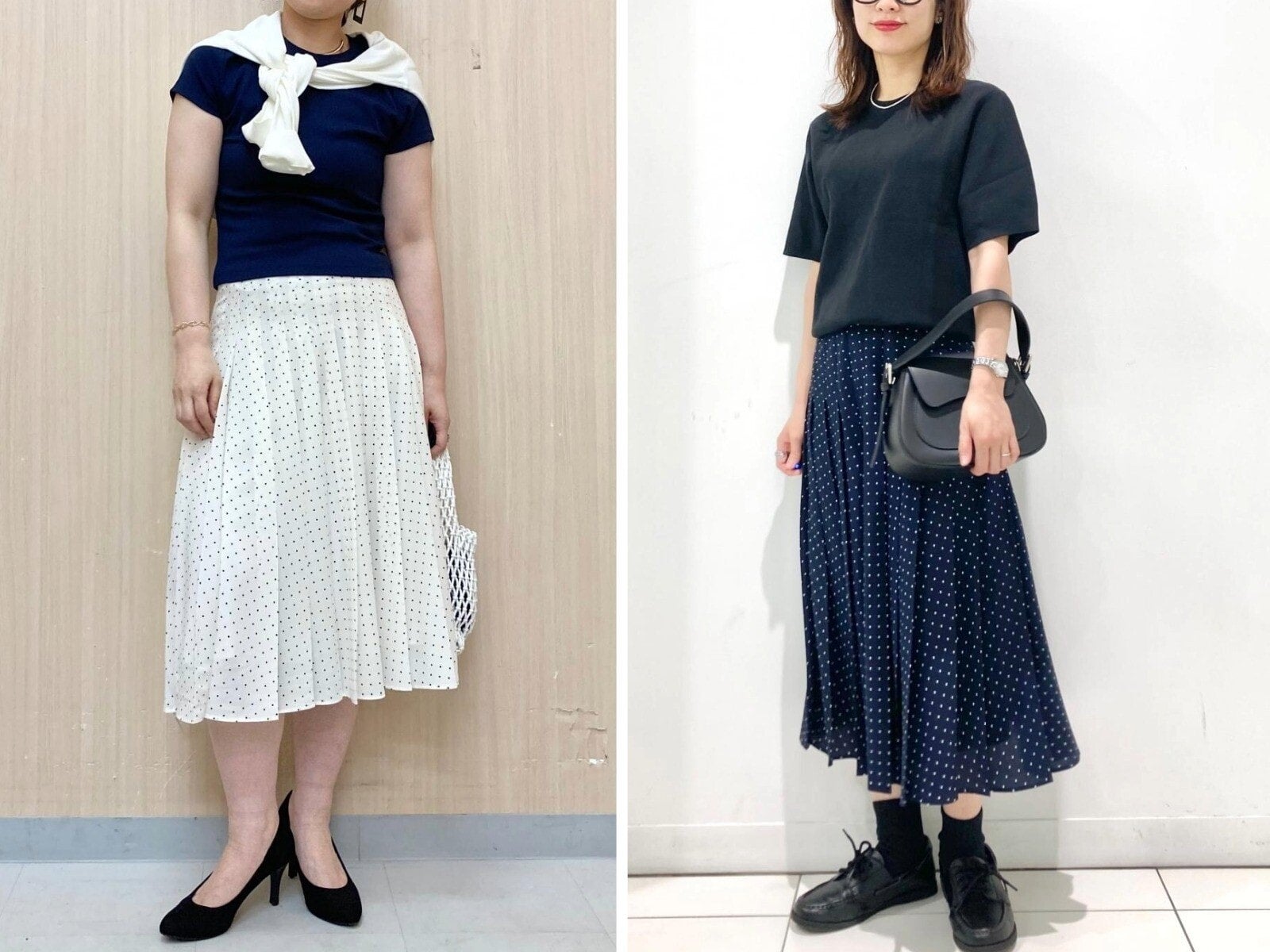 【ユニクロ】太めプリーツで脚がすらっと見え！ ドット柄が上品な「涼しげシフォンスカート」コーデ