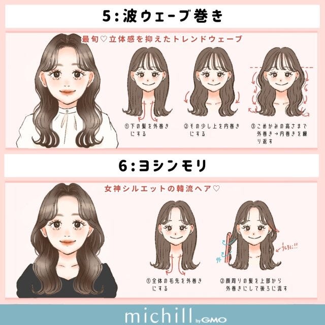 ダークカラー×ロングヘア　巻き髪　8style　重たく見せない　kyoko.　イラスト　波ウェーブ巻き　ヨシンモリ