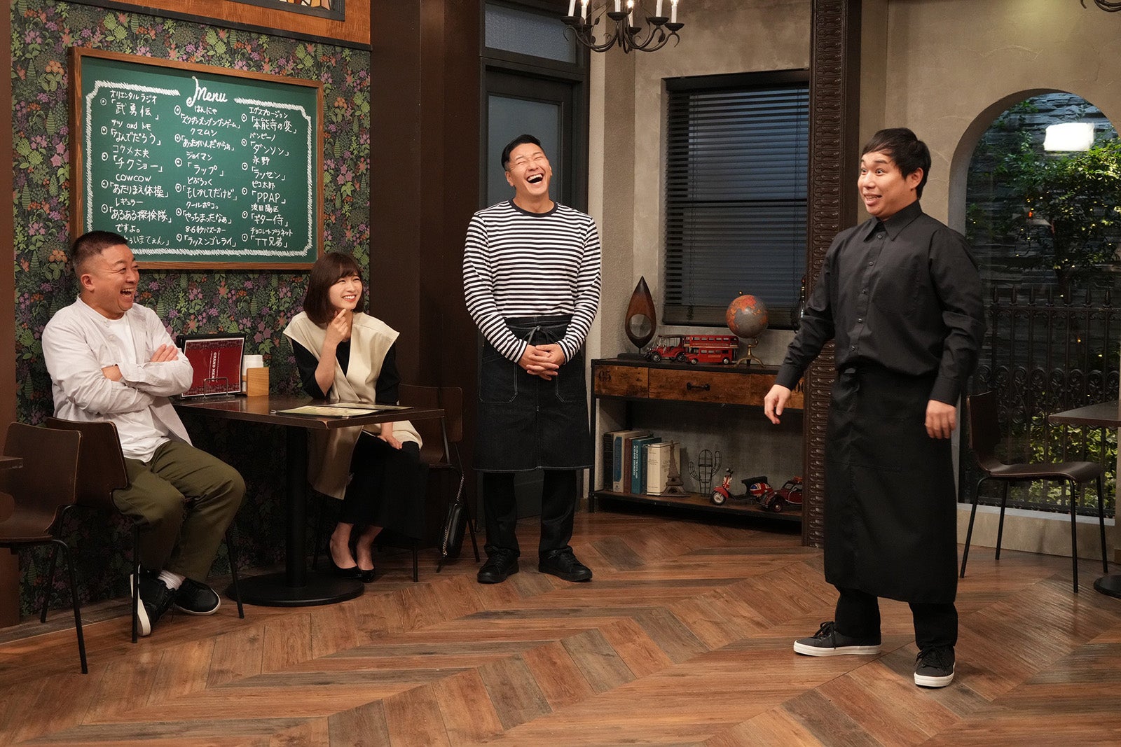 松尾駿、岡崎紗絵、長田庄平、せいや （C）フジテレビ