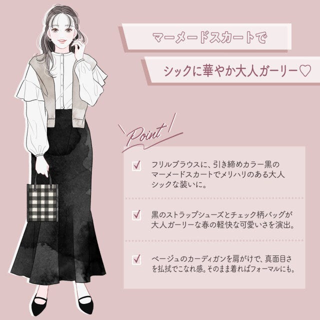 コーデイラスト　GU　甘ブラウス　マーメイドスカート