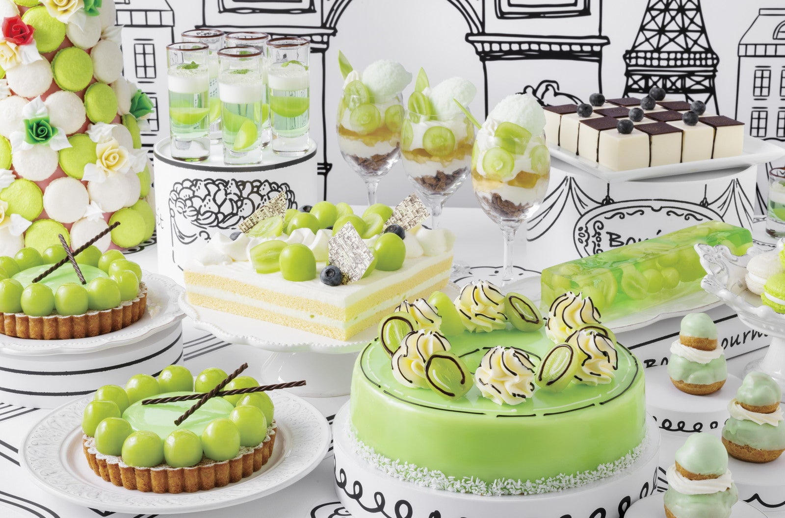 シャインマスカット主役のスイーツビュッフェ、大阪で開催　旬の果実が2Dケーキやテリーヌに