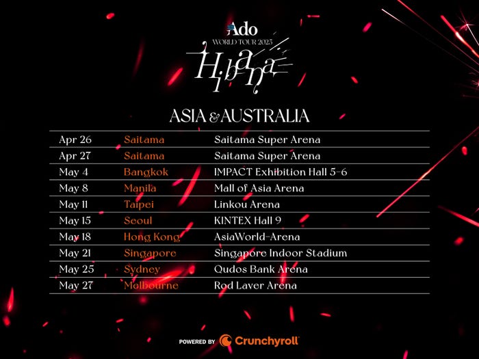 「Ado WORLD TOUR 2025 “Hibana” Powered by Crunchyroll」アジア&オーストラリアカレンダー(提供写真)