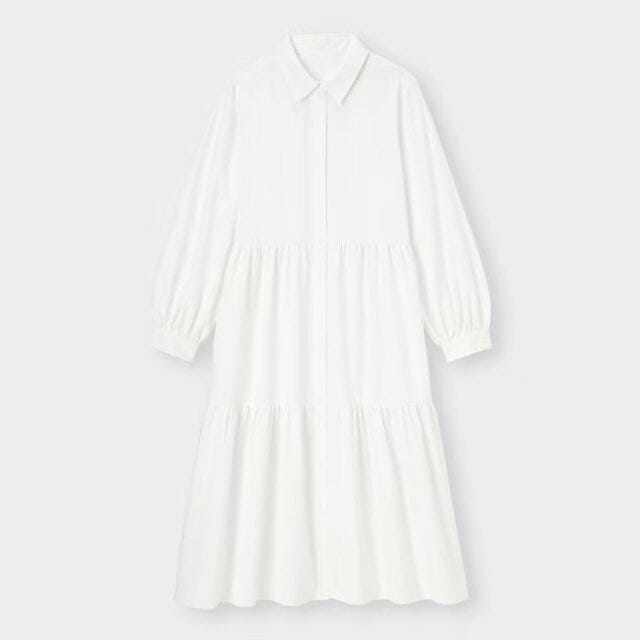GU　レディース　おすすめ　オススメ　プチプラ　コスパ　高見え　2023　春　ワンピース　ワンピ　ティアードシャツワンピース　シャツワンピース　シャツワンピ　白　ホワイト　白ワンピース　ティアード