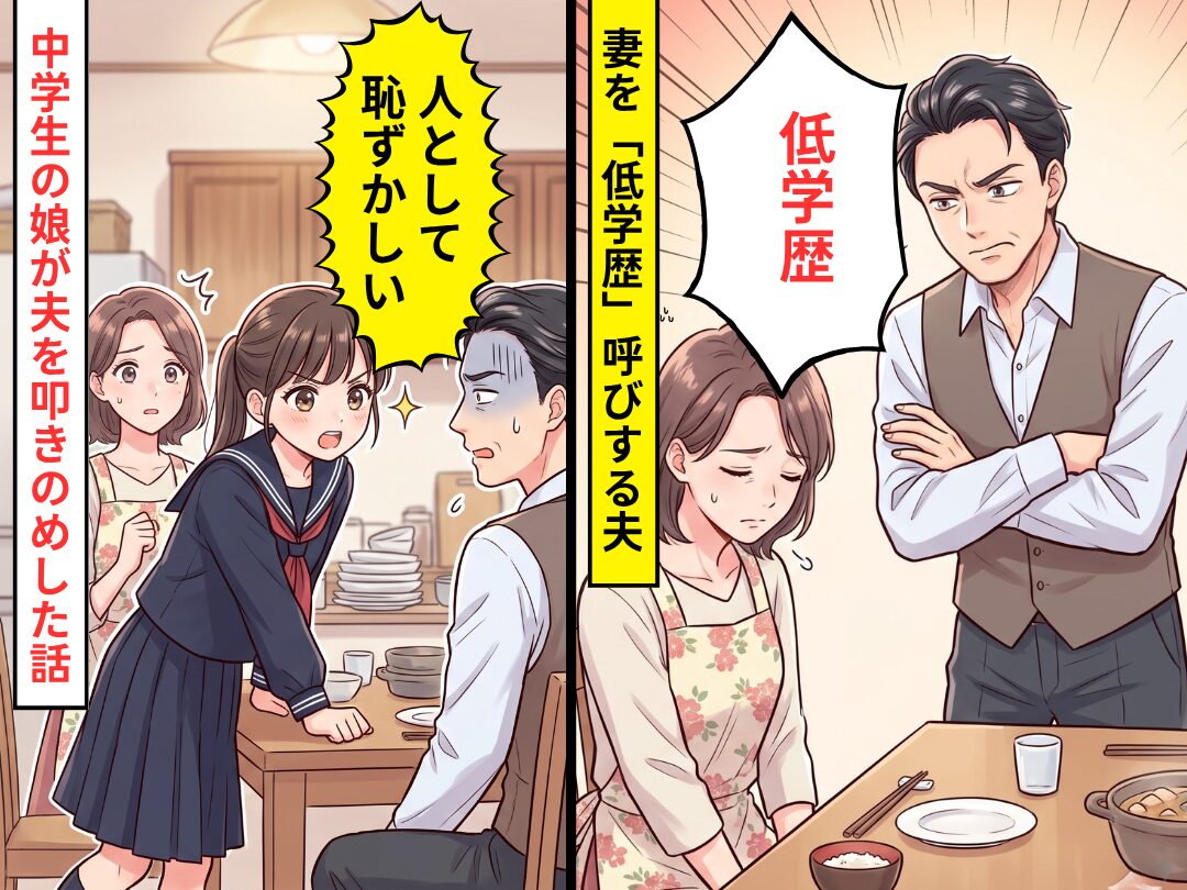 妻のことを「低学歴」と呼ぶモラ夫！？しかしある日⇒「人として恥ずかしい」中学生の娘が夫を叩きのめした話