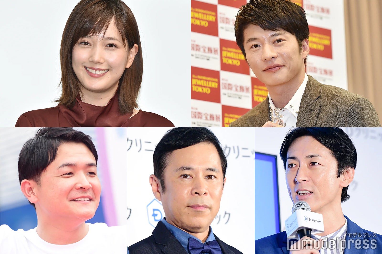 左上から時計回りに：本田翼、田中圭、矢部浩之、岡村隆史、ノブ （C）モデルプレス