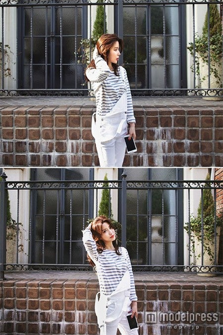 ボーダーTシャツと合わせてカジュアルに　ホワイトデニムサロペット「翠屋」2,580円（税込）