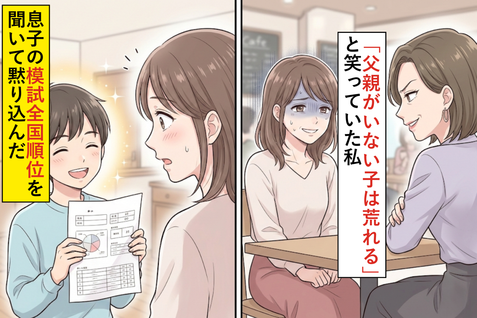 「父親がいない子は荒れる」と笑ったママ友→息子の模試全国順位を聞いて黙り込んだ
