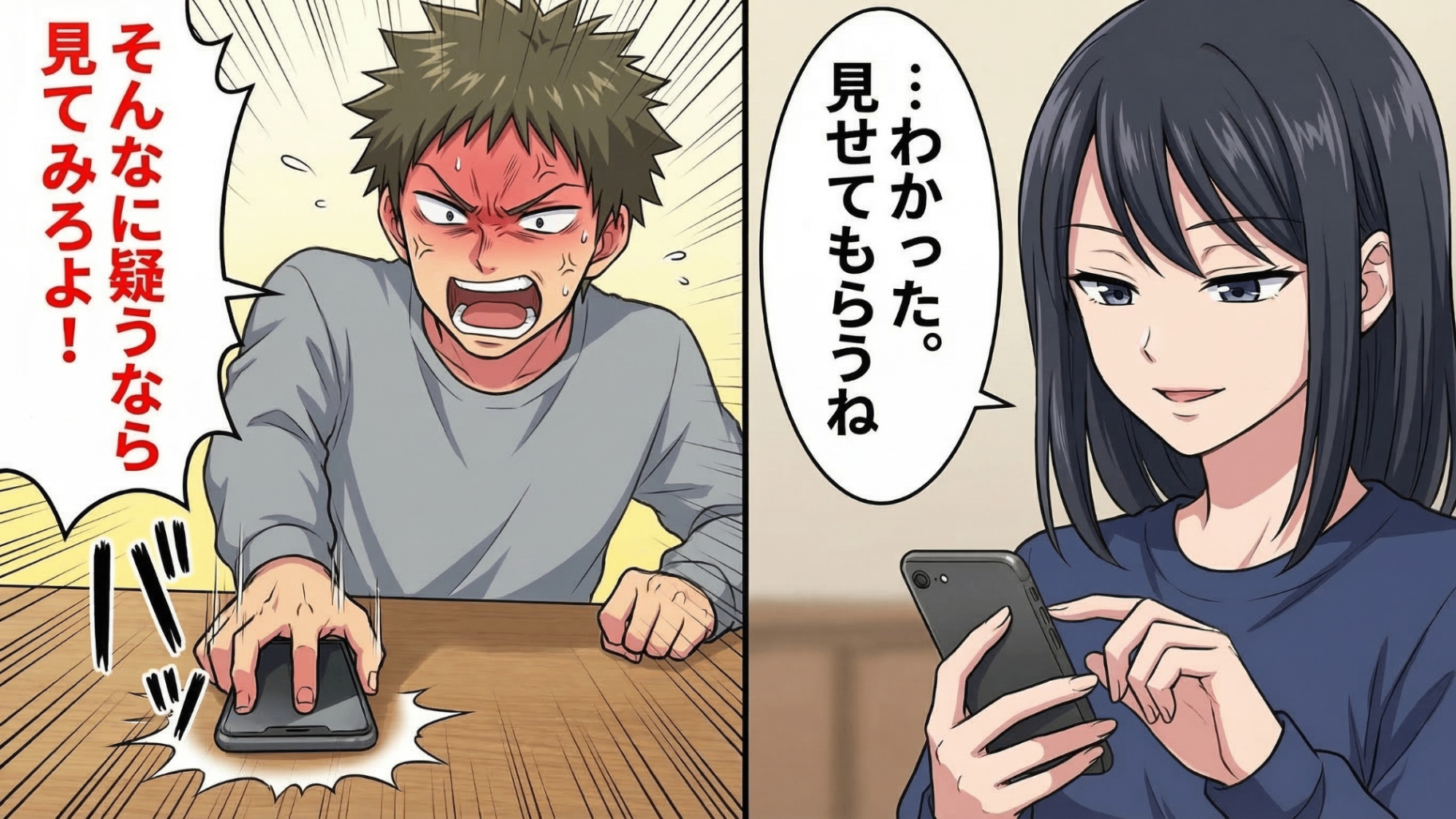 自信満々に「スマホを見ろ！」と逆ギレして叩きつけた彼氏。メッセージ履歴が空っぽなことに勝ち誇る彼に対し、主人公はメッセージアプリを無視！？そして【予想外の場所】を開いた瞬間、彼の顔面は蒼白に…！