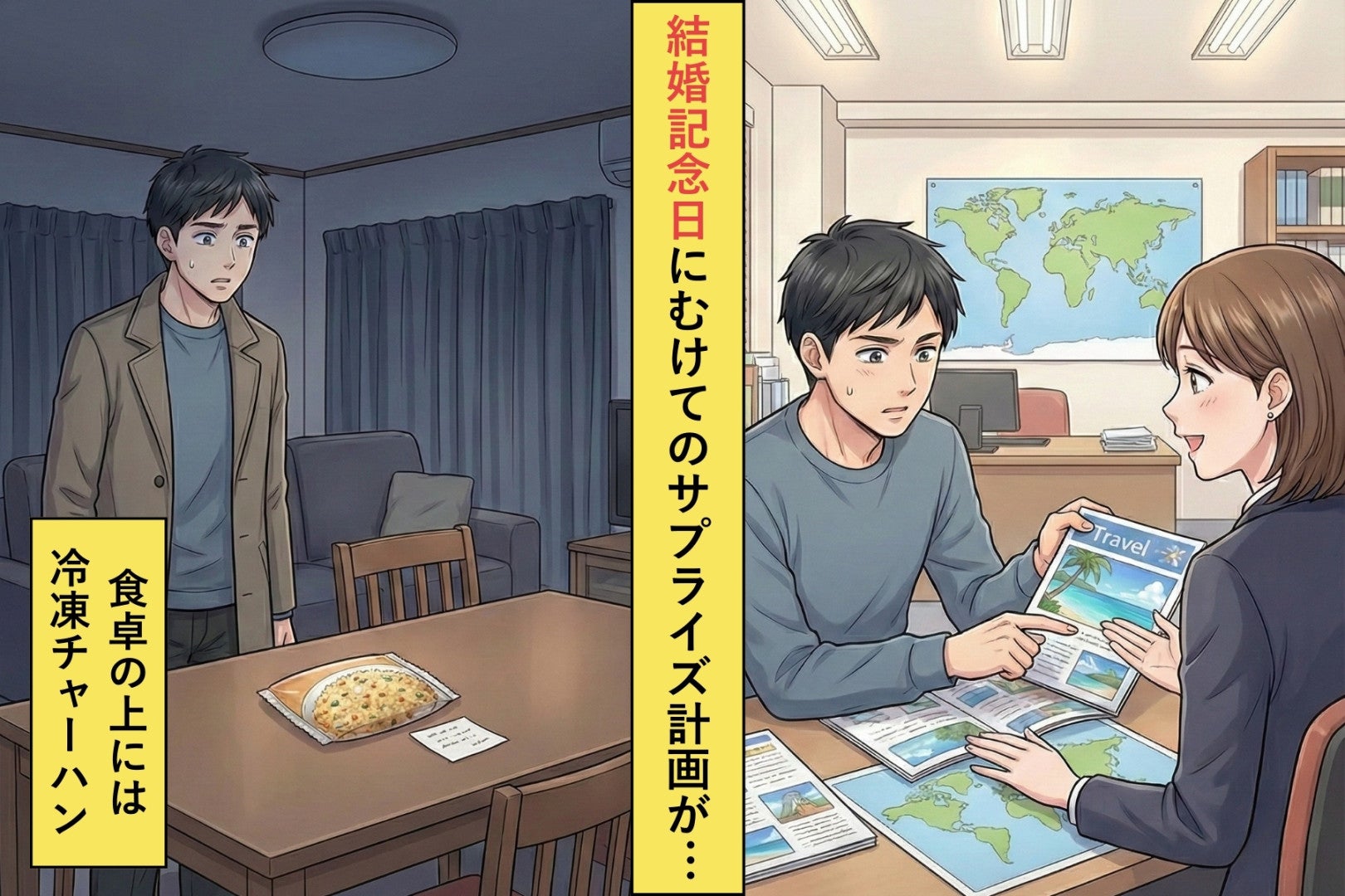 サプライズの予定がトラブルに見舞われて→結婚記念日の日、帰ってみると冷凍チャーハンが食卓に