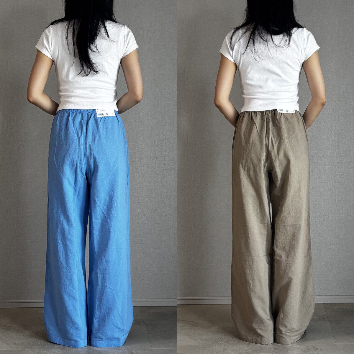 白Tシャツとブルー・ベージュパンツを履いた女性の全身後ろ姿