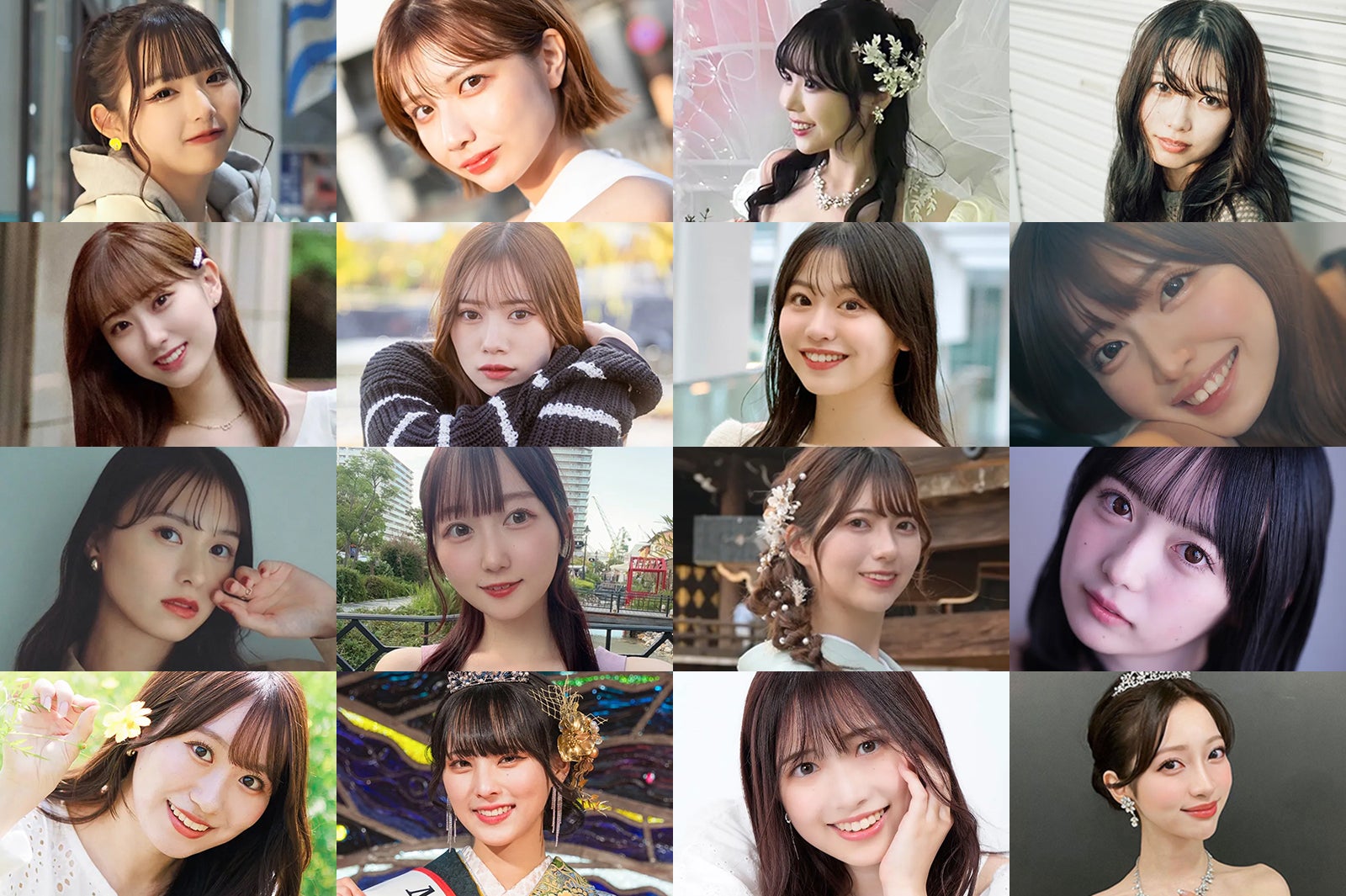 「MISS OF MISS CAMPUS QUEEN CONTEST 2024」決勝（後半）進出者16人※左上からエントリー番号順（提供写真）