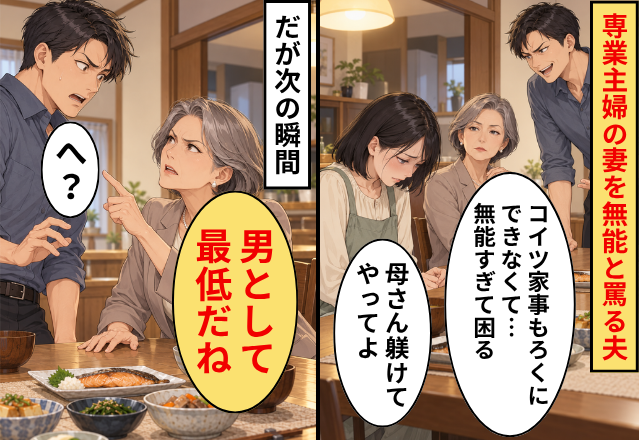 専業主婦の妻を【無能】と罵る夫！義母に「躾けてやってよ」だが次の瞬間⇒「男として最低だね」「へ？」