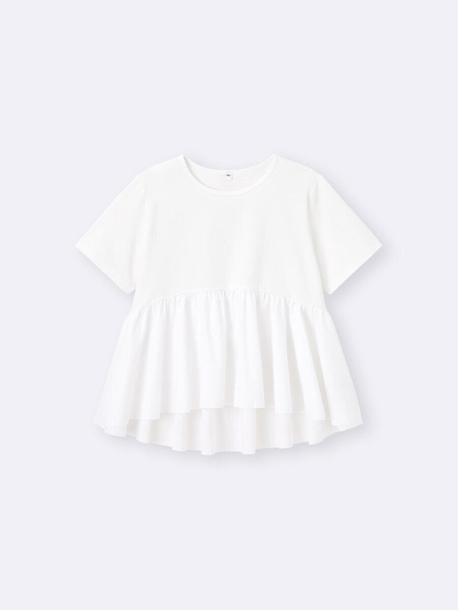 白い布帛コンビネーションTシャツの平置き写真
