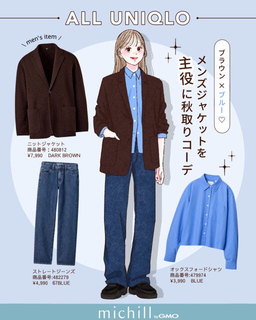 ユニクロ メンズアイテム トレンドコーデ 6スタイル kyoko. イラスト ブラウン×ブルー♡メンズジャケットを主役に秋先取りコーデ