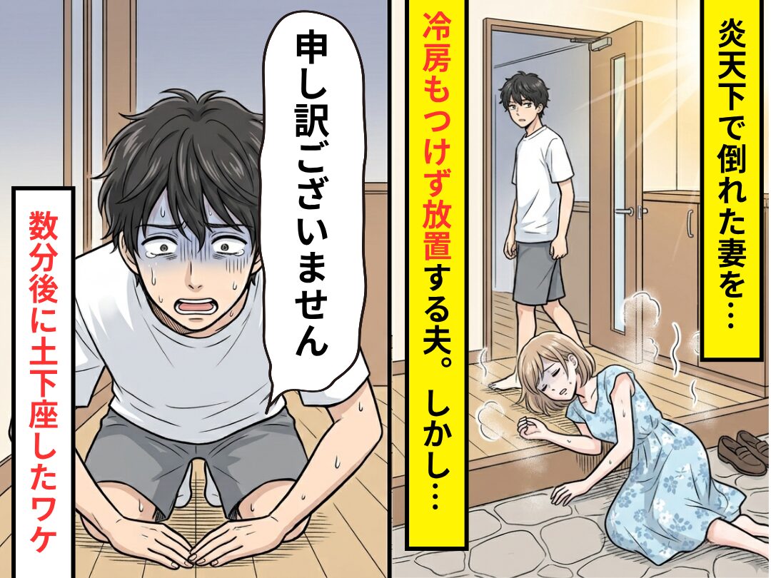 炎天下で倒れた妻を冷房もつけず放置する夫！？しかし数分後⇒夫「申し訳ございません」土下座する事態に…