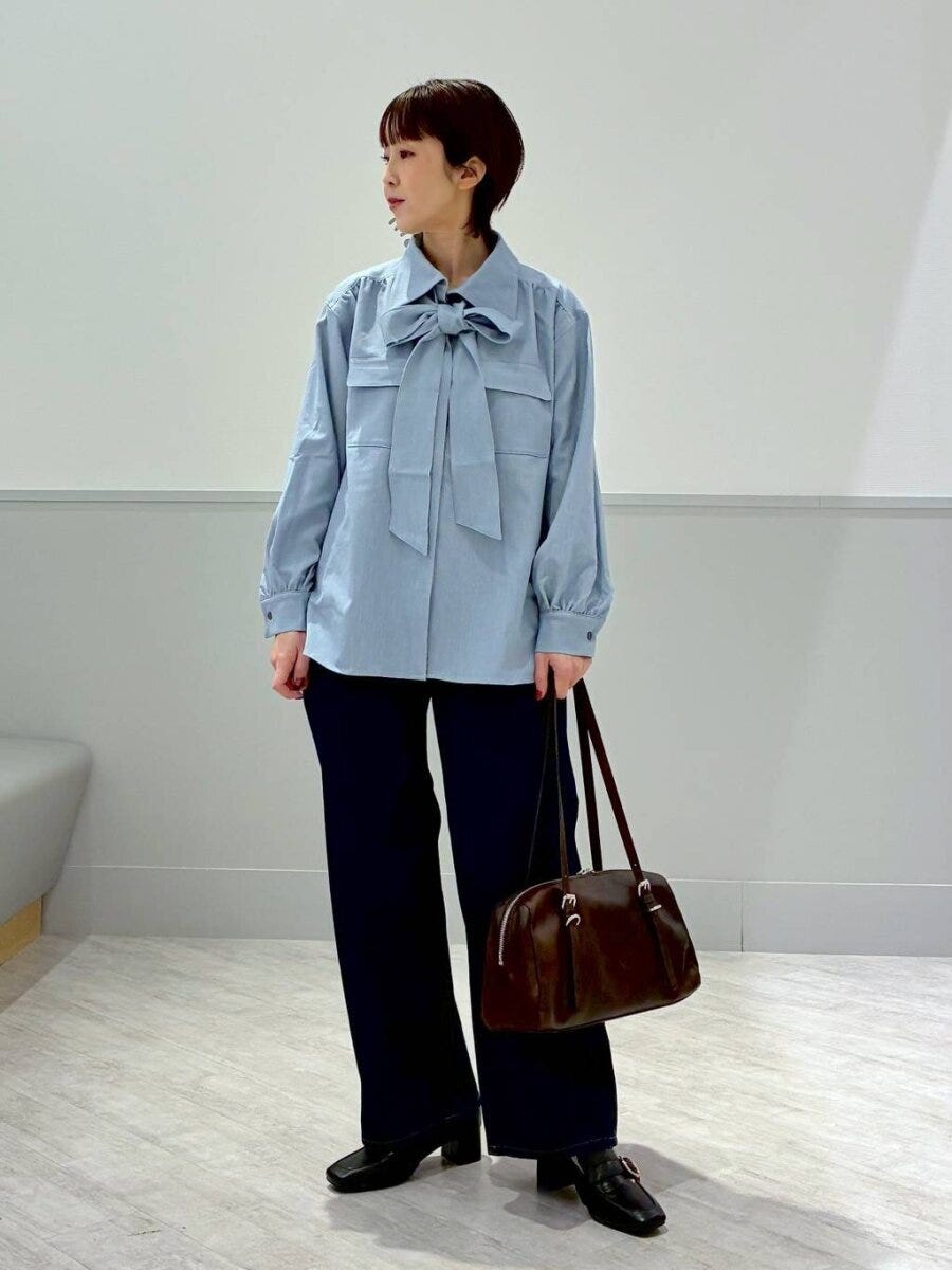 2026春グローバルワーク大人女性おすすめデニムライクボウタイブラウス