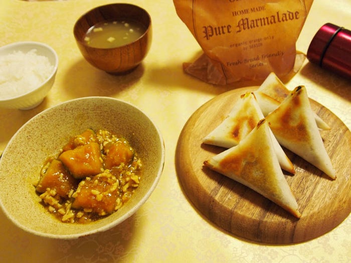 「かぼちゃのとりそぼろ煮→かぼちゃの包み焼き」